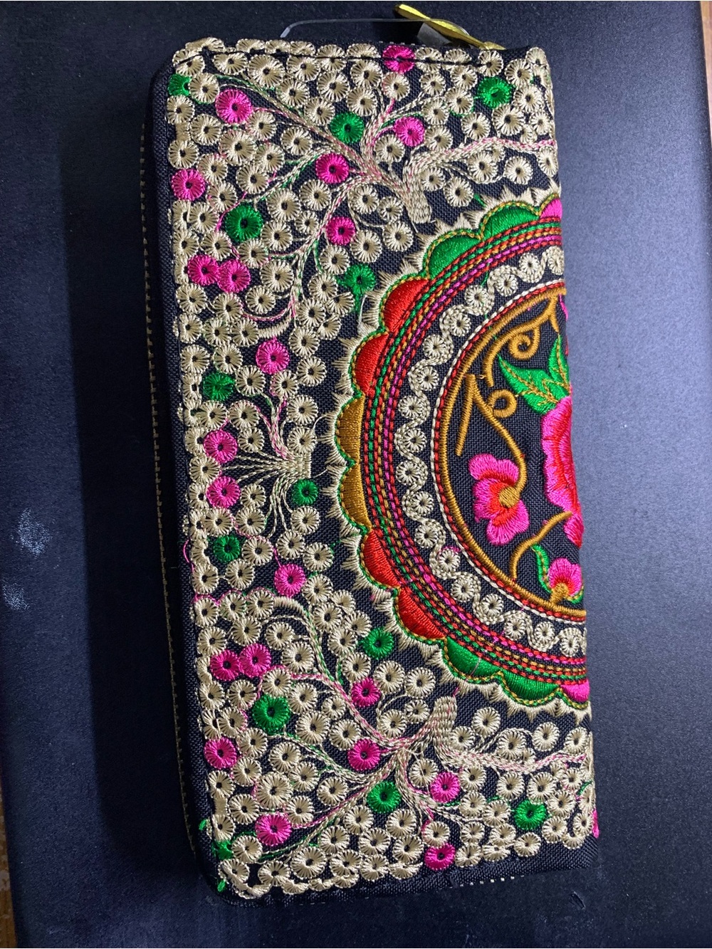 Black Embroidered Floral Zip Around Wallet with Gold Thread Accents